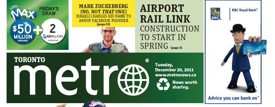 I’m Mark Zuckerberg stunt on the cover of Metro Toronto